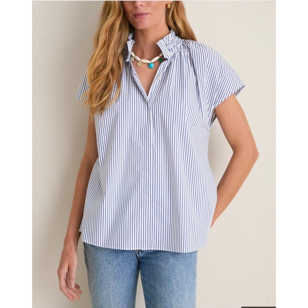 Pomander Place Tuckernuck Blue Stripe Rae Blouse M Ruffle Collar Preppy Casual
